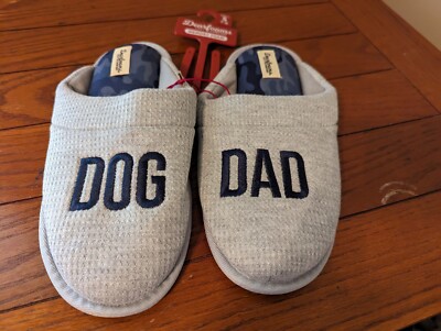 Dearfoam Cozy Comfort Gray Navy Dog Dad Slippers Men's sz S