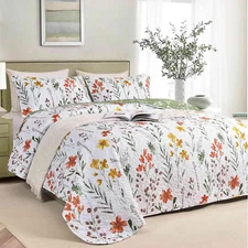 Quilt Set Queen Full Size 3 Pcs, White Floral Green Yellow Flower Leaf Spring Be