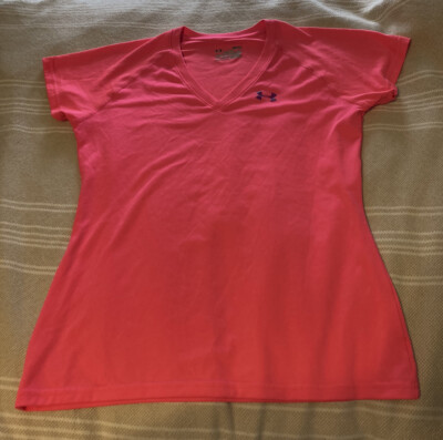 Under Armour Shirt Womens Small Pink V-Neck HeatGear Semi Fitted Ladies 