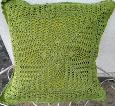 Crochet full lace cushion cover color Green size 16 inch x 16 inch Handmade
