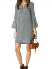 Madewell Green Silk Patterned Starland Bell Sleeve Dress Lined W/ Pockets Sz.S