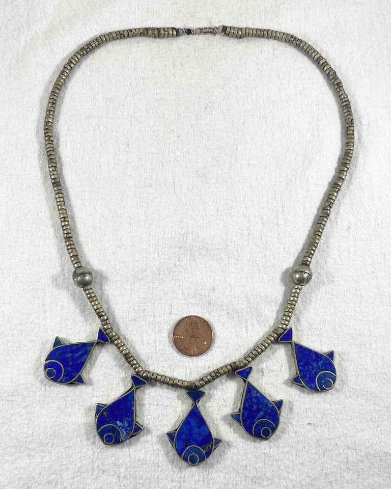 Vintage Middle Eastern Tribal Silver Lapis Lazuli Fish Design Statement