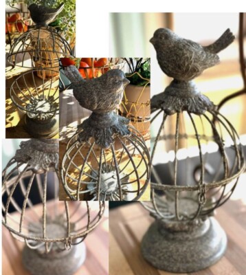 Vintage French Wire Metal Dome Cloche Bird Cage Sparrow on Pedestal w/hinge open
