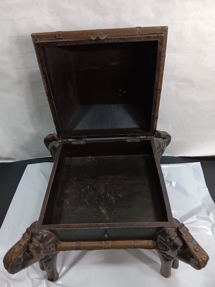 Wooden Carved Elephant Box Large Storage Container Indian Brass Handcarved India - Image 4 of 4