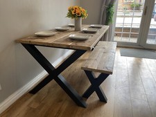 Cross X Leg Industrial Chic Dining Table 150cm & Bench Steel & Reclaimed Wood