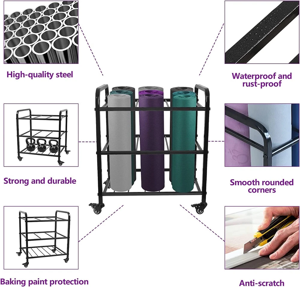 Yoga Mat Storage Rack, Home Gym Studio Organizer Cart for Foam Roller, Yoga Stra