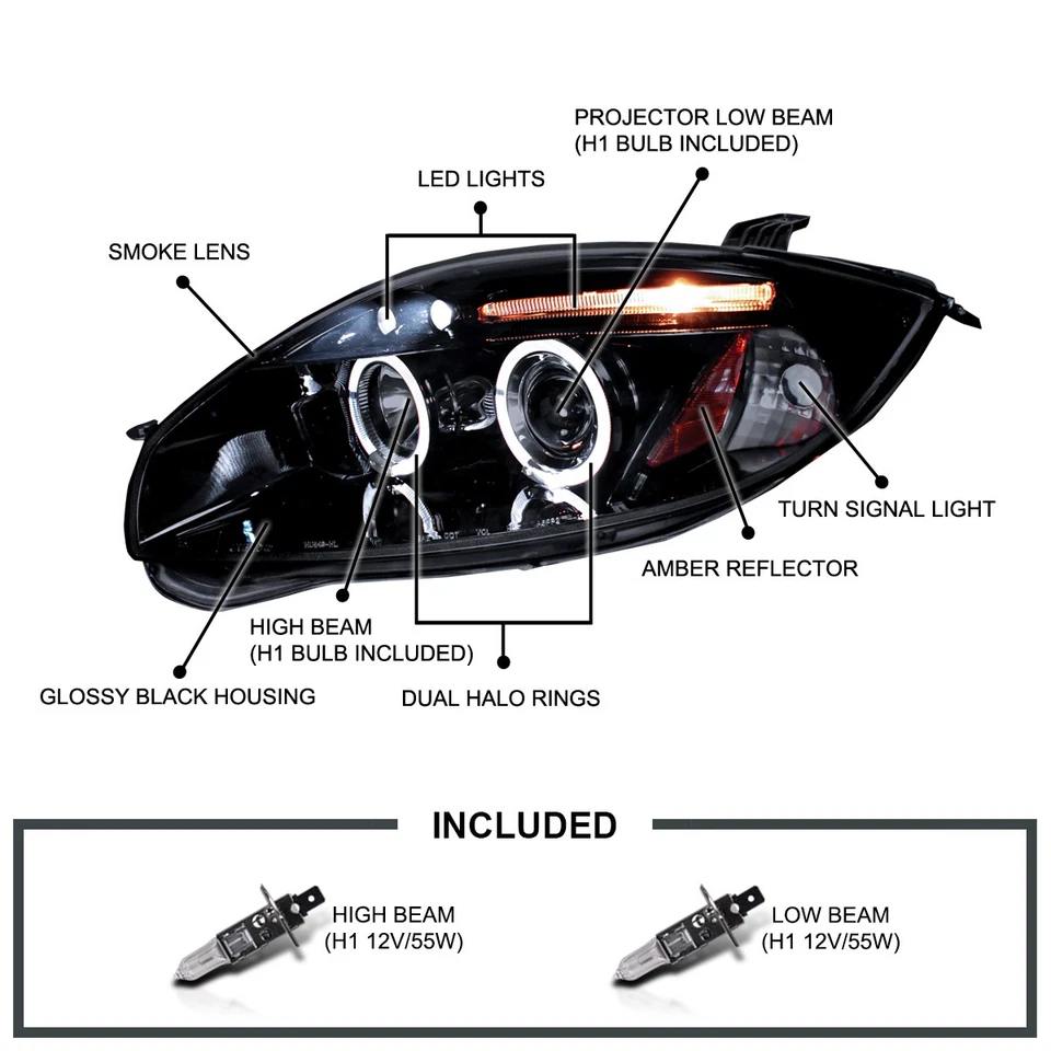 Glossy Black 06-11 Eclipse Led Eyelid 2X Halo Projector Head Lights Lamps - Image 3 of 4