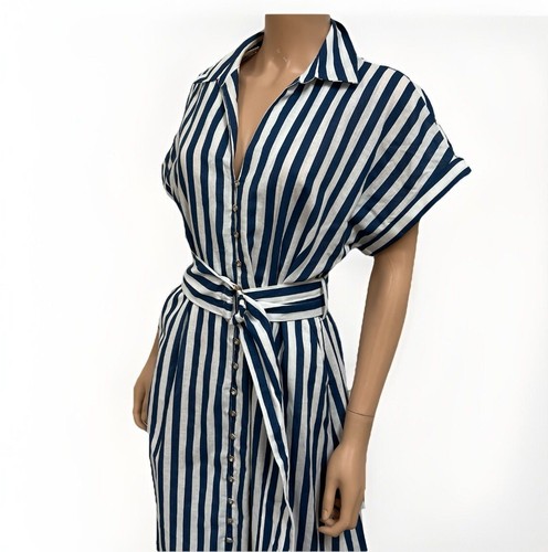 Zara Linin Blend Navy Striped Sailboat Dress Maxi Size L New - Picture 1 of 21