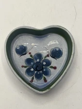 Tonala Mexican Pottery Bird Heart Shaped Trinket Dish Hand Painted Green Rim