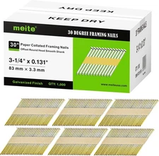 1,000Pcs 30 Degree Framing Nails 3-1/4 Inch x .131-Inch Smooth Shank Galvanized