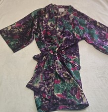 Vintage California Dynasty Purple  Green Silky Floral Print Robe S