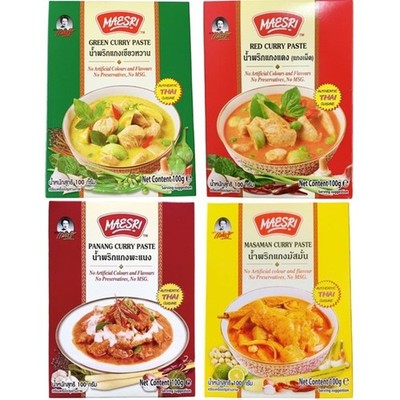 Maesri Thai Curry Paste Set of 4   Green, Red, Panang, Massaman 100g Each No MSG