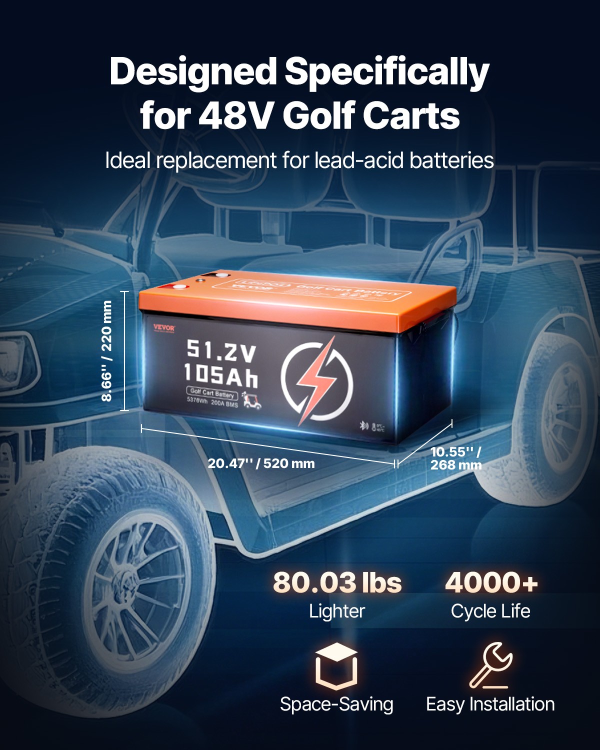 VEVOR 48V 105Ah Golf Cart Lithium Battery with 20A Charger and Touch Monitor