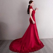 Red Chinese Wedding Qipao Cheongsam Dress With Train