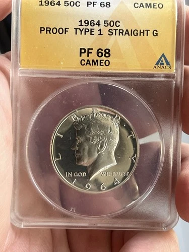 1964 TYPE 1 Kennedy Half Dollar Anacs PF 68 CAMEO CAM Straight G Silver - Rare!!