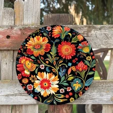 1pc 8x8 Inch Aluminum Russian Floral Mural Round Metal Sign - Vibrant Multicolor