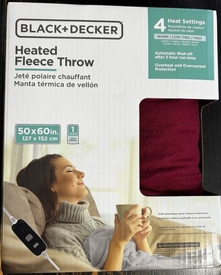BLACK+DECKER Heated Throw Blanket, 50'' x 60'', Fleece, 4 Heat Settings, 3hr Timer