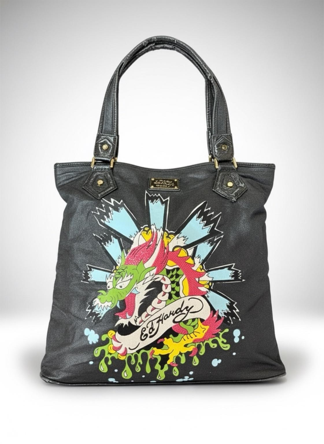 Vintage Y2K Ed Hardy Womens Purse Large Black Dragon Swallow Tattoo Rhinestone