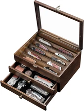 Knife Display Case, Knife Collection Display Holder with Glass Lid, 2-Layer Wood