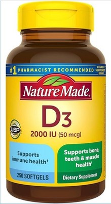 Nature Made D3 2000 IU 50mcg, Vitamin D Supplement for Bone, Teeth, 250 Softgels