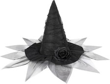 Halloween Witch Hat, Ruched Witches Hats for Women with Veil and Rose Black