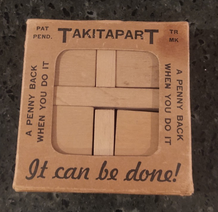 Vintage John D. Boyle's  1930s TAKITAPART Wooden Brain Teaser Puzzle Box Instruc