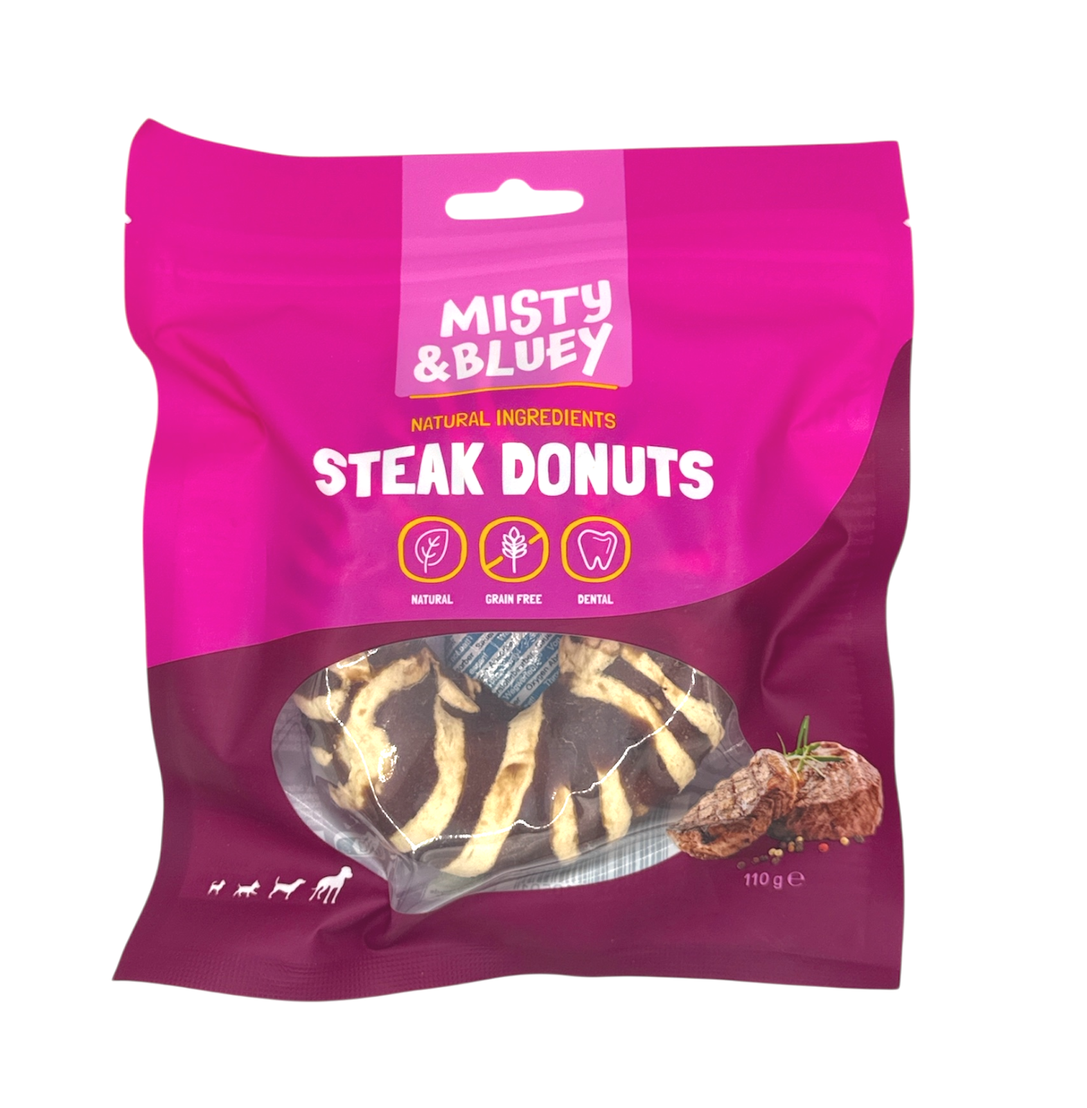 MISTY & BLUEY NATURAL STEAK DONUTS GRAIN FREE DOG PUPPY DENTAL CHEW TREATS 110G