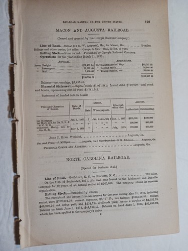 1875 Train Report MACON & AUGUSTA RAILROAD Camak Georgia John P King