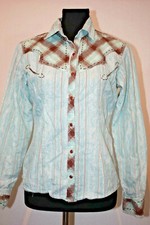 Panhandle Slim Super Fancy Fitted Lt Blue Western Women's Shirt Sz S Pink Snaps
