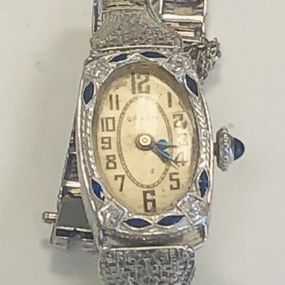 Gruen Art Deco Sapphire & Diamond 18k Gold Ladies Watch  display picture 2