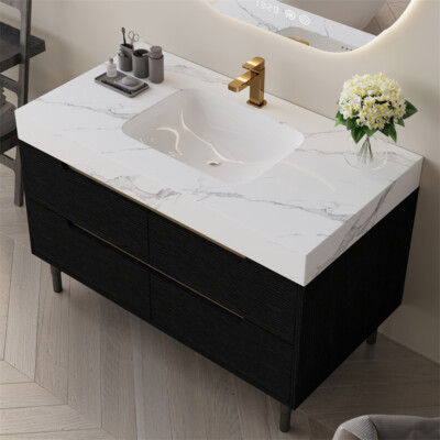 35.4'' Black Modern Bathroom Vanity with Ceramic Sink(Free-Standing/Wall-Mounted)