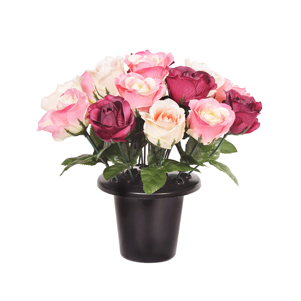 Grave Pot Faux Silk Open Rose Pink Burgundy Cream 26cm/10 Inches In Total - Image 2