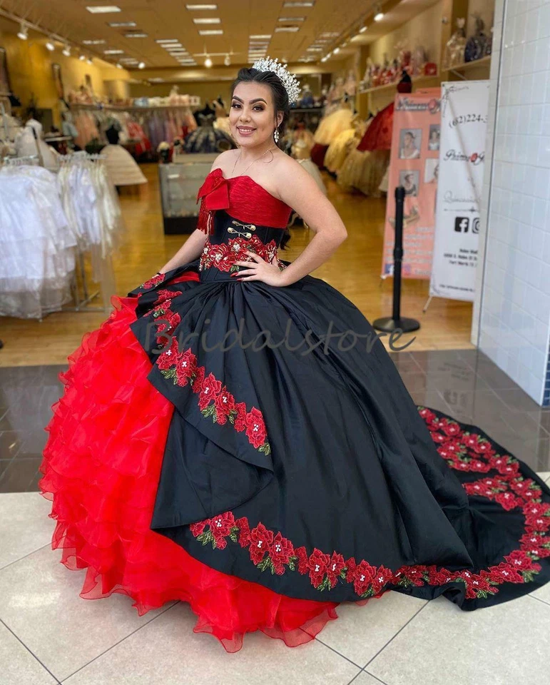 Mexican Quinceanera Dresses Rose Embroidered Ruffles Sweet 15 Prom Ball Gown - Image 2 of 4