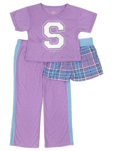 Girls Purple Self Care Love Short Sleeve 3 piece Pajama Pants Short Set - 第 1/2 張圖片