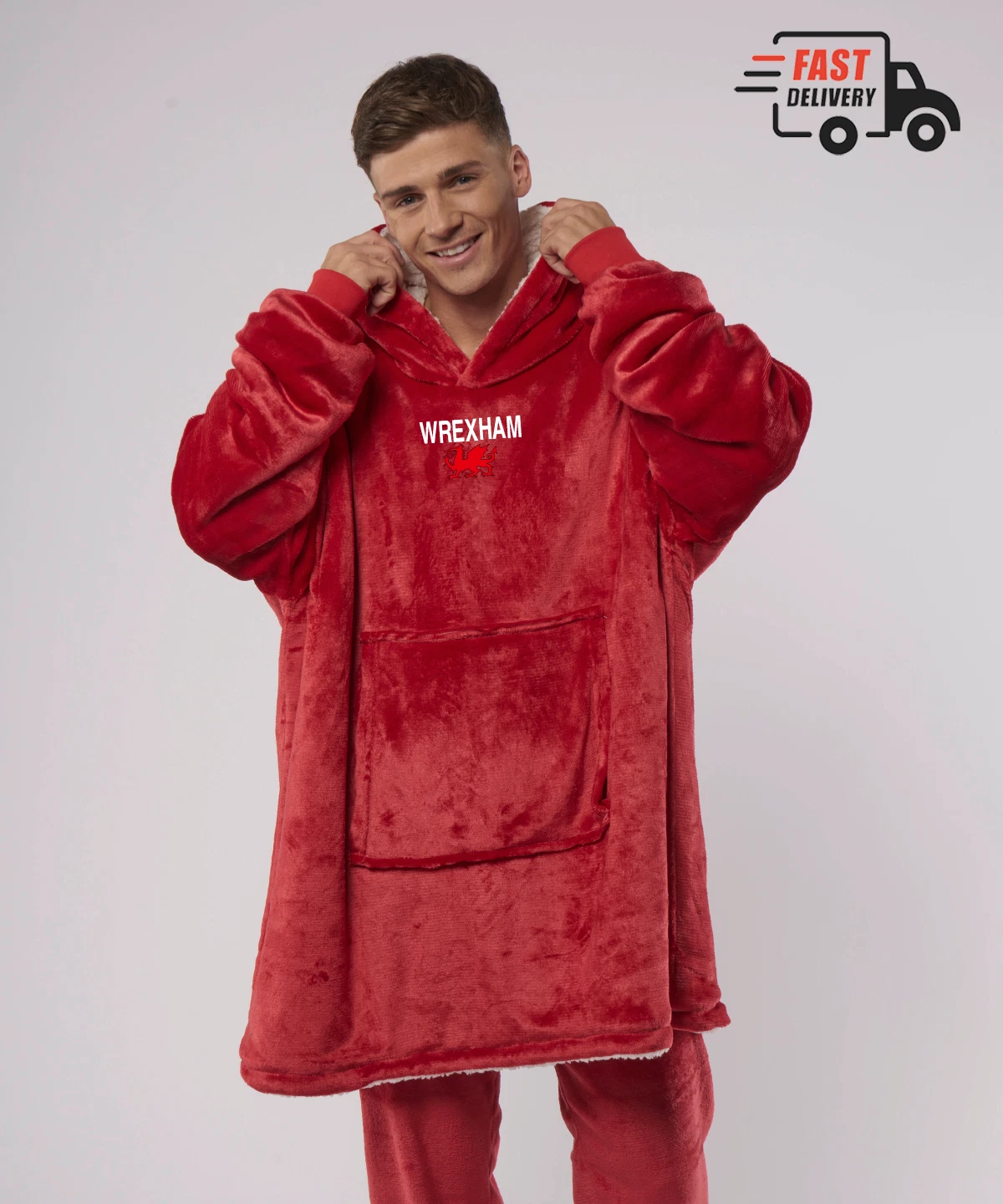 WREXHAM RED DRAGONS Custom Comfy Hooded Hoodie Blanket Oversized Hoodie - RED