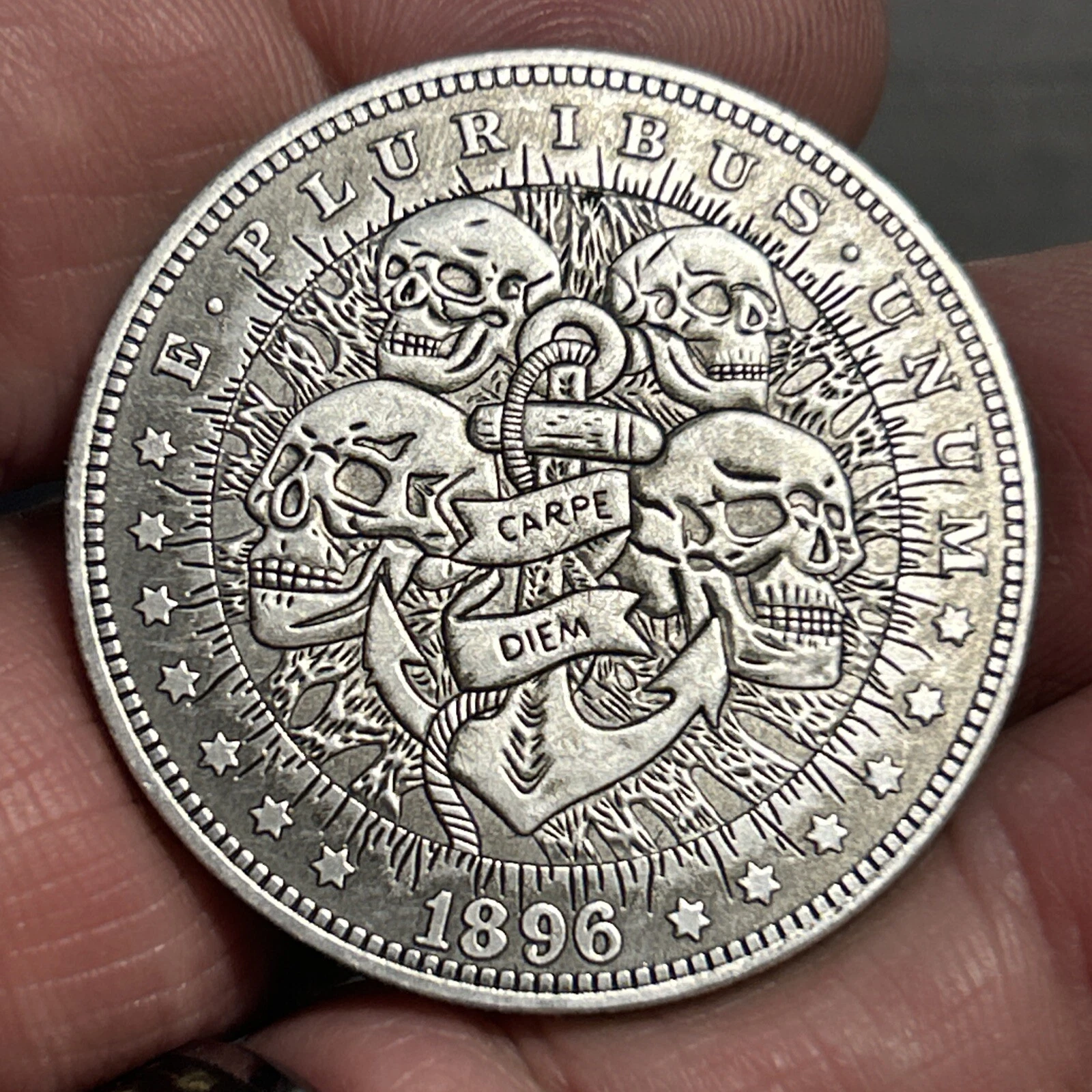 CARPE DIEM SIEZE THE DAY SKULL Novelty Good Luck Heads Tails Morgan Coin - Picture 2 of 4