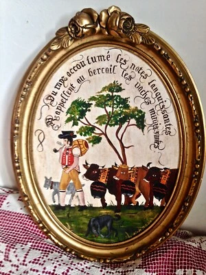 Art populaire, Suisse :peinture sur bois pastorale, montée à l'alpage - Photo 1/4