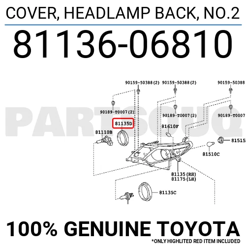 8113606810 Genuine Toyota COVER, HEADLAMP BACK, NO.2 81136-06810 