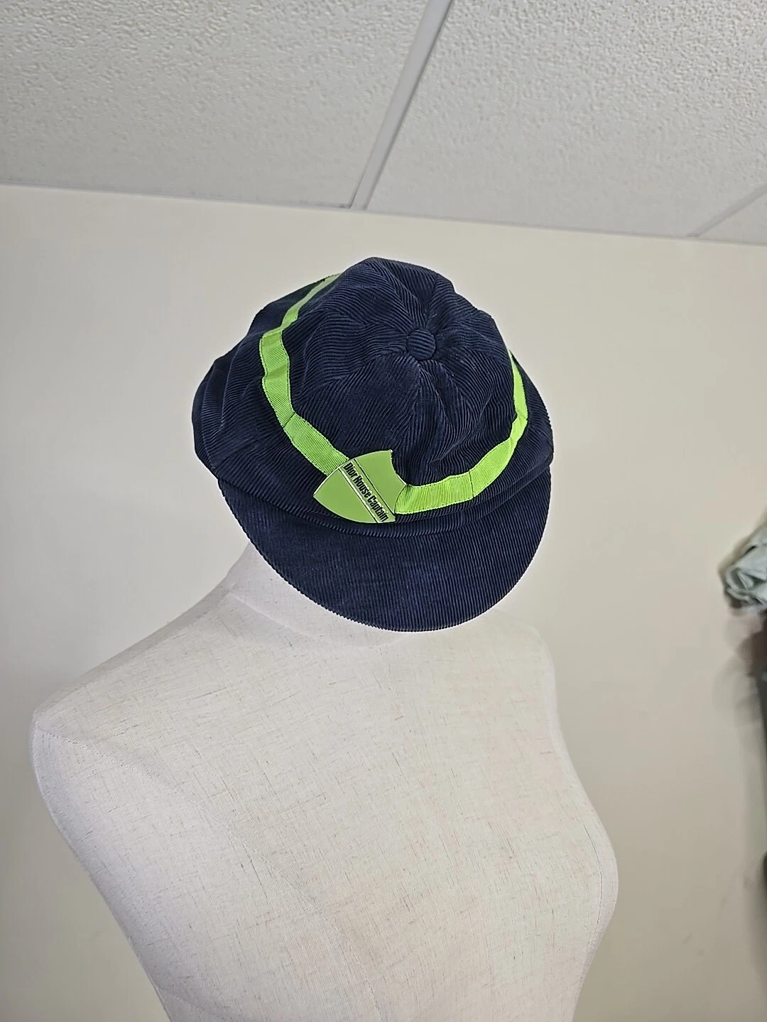 Chapeau béret Christian Dior vintage bleu marine/vert casquette côtelée