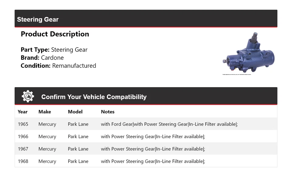 Engrenagem de direção Cardone 1966 1967 Mercury Park Lane 1965-1968 - Imagem 2 de 4