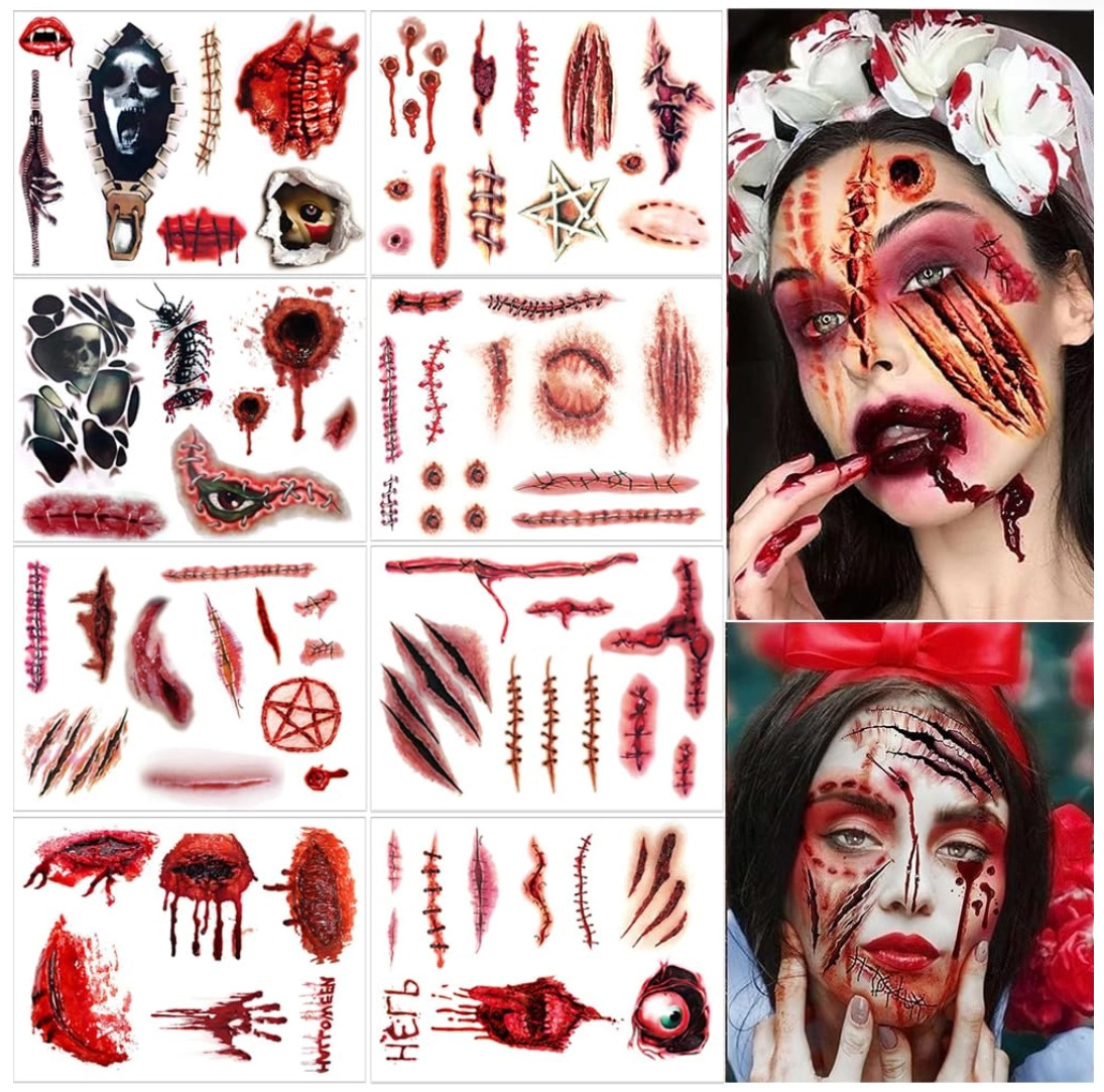 8 Hojas Impermeable Zombie Vampiro Halloween Cicatriz Tatuaje Pegatinas