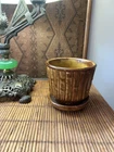 Vintage Brown McCoy Planter with Attached Drip Tray Bamboo Pattern-Marked