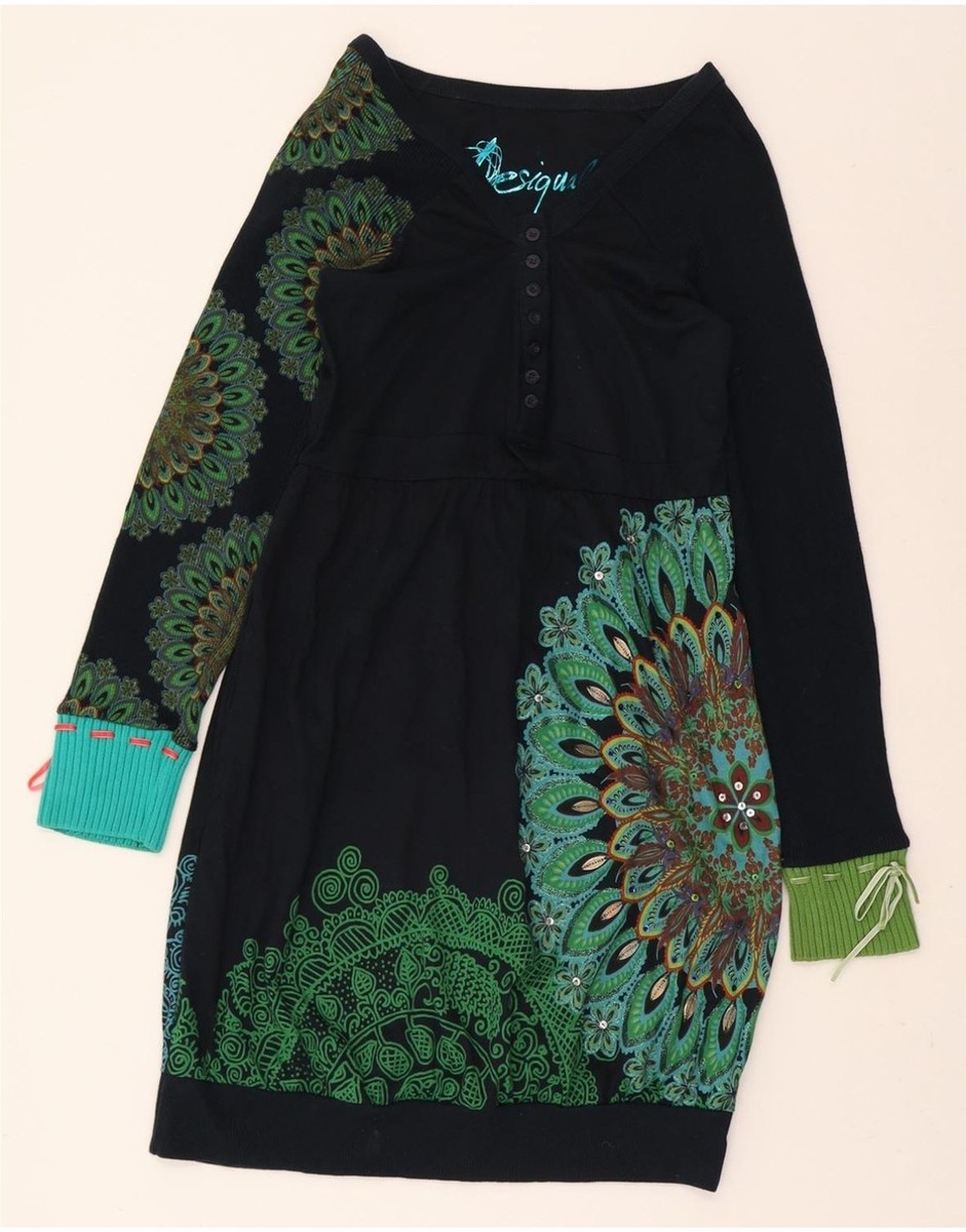 DESIGUAL Womens Long Sleeve Bubble Dress UK 14 Large Black Floral