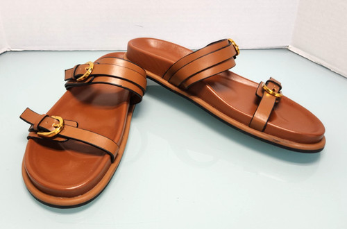 Zara women's double buckle flat strap sandals brown New Sz 39