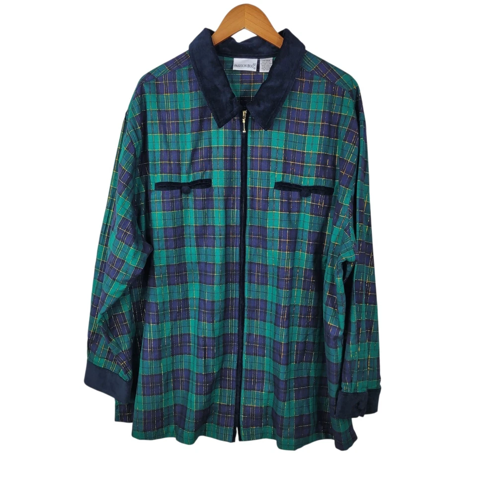 Chaqueta Top Shacket Plus Vintage 26/28W Verde Azul Tartán Cuadros Cremallera 26/28 4X Foto 2 de 4