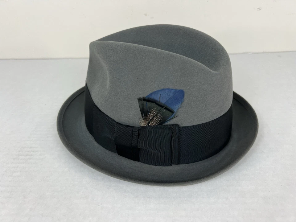 Chapéu social masculino vintage década de 1960 Stetson cinza feltro com fita caixa de penas couro  - Imagem 2 de 4