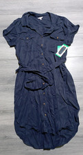 Teddi Rose Dress Womens X-Large Navy Button Down Belted Tencel Pockets