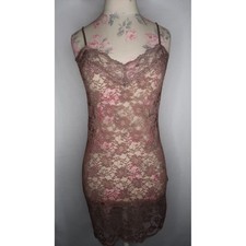 Floral Lace Slip Dress Chemise Lingerie Taupe Sheer Adjustable Straps Women's L