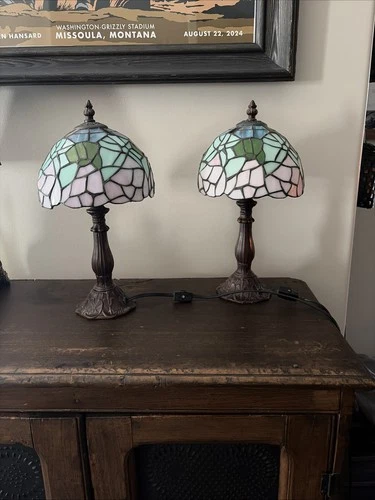 Vintage Tiffany Style Stained Glass Floral Table Accent Lamp set of 2