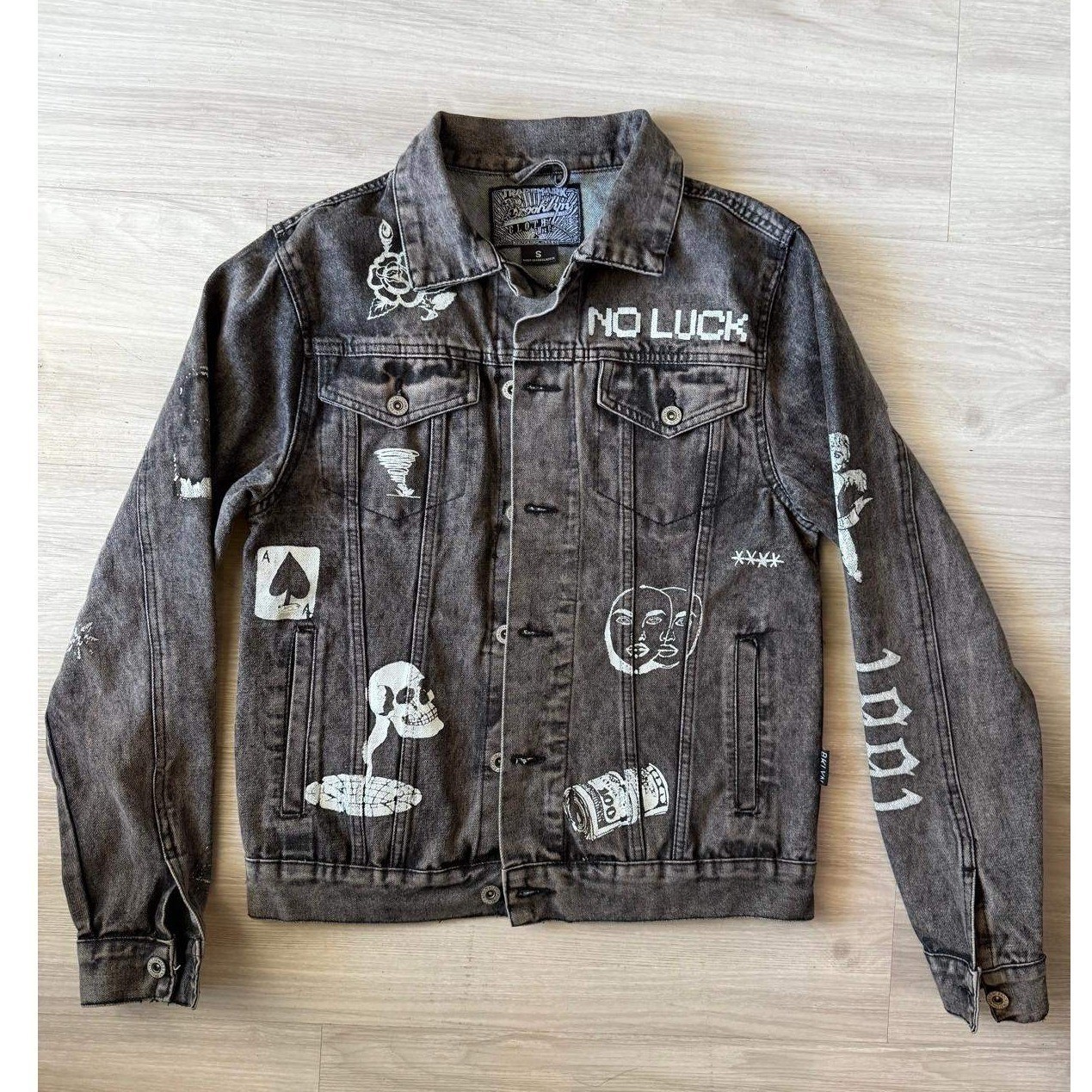Brooklyn Cloth No Luck Graphic Denim Jacket Mens Size S Black Wash Art